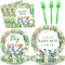 96Pcs Safari Jungle Baby Shower Party Supplies Green Wild Animals-Serves 24 (Green, White, Yellow)